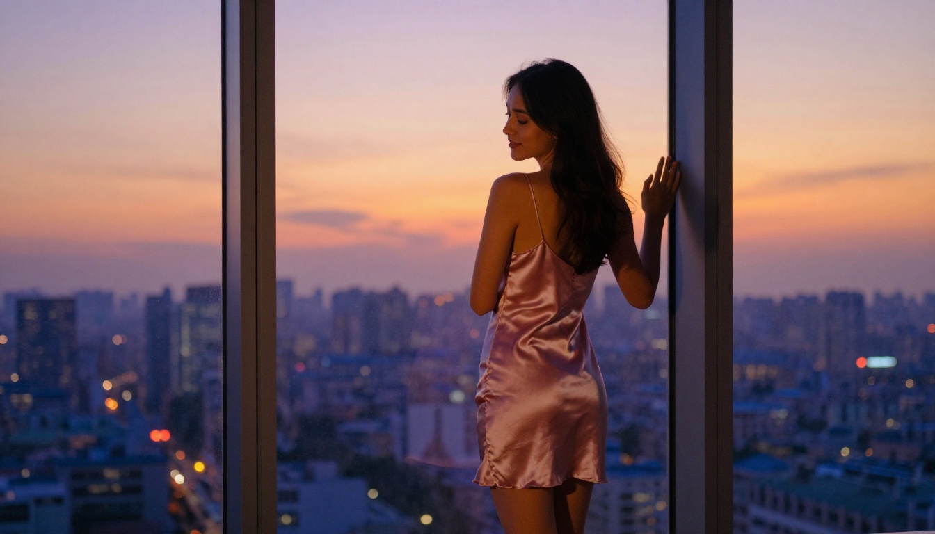 Woman in blush silk slip dress at high-rise window, city sunset, photorealistic Woman in blush silk slip dress at high-rise window, city sunset, photorealistic
