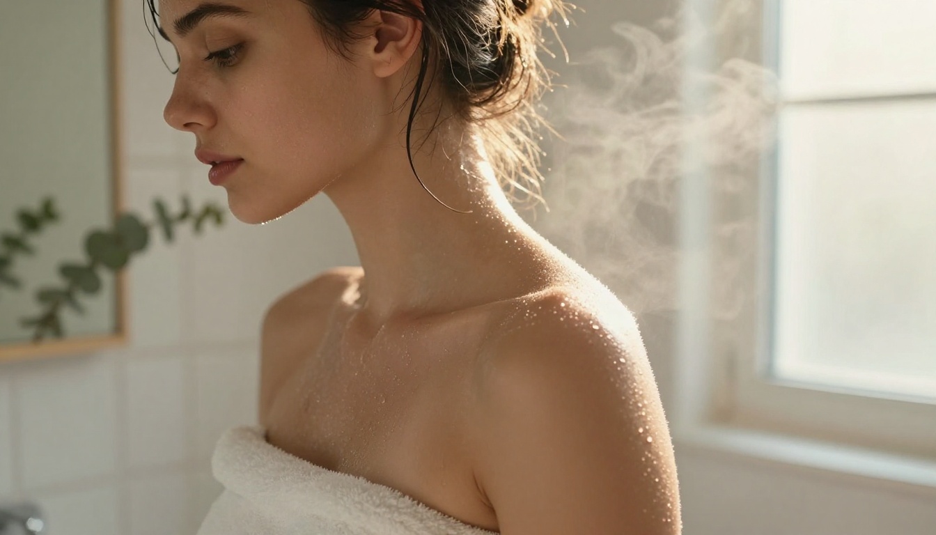 Woman in bathroom mirror post-shower, dewy skin, steam diffused morning light, photorealistic