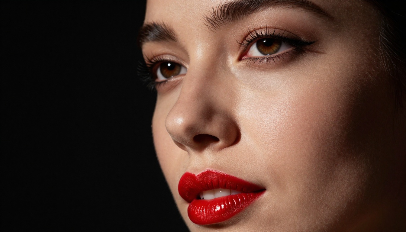 Dramatic close-up portrait with Rembrandt lighting, bold red lips, chiaroscuro shadows, photorealistic Dramatic close-up portrait with Rembrandt lighting, bold red lips, chiaroscuro shadows, photorealistic