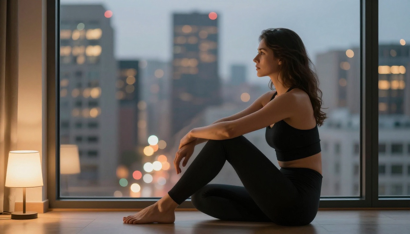 Woman in black athletic wear by city window at dusk, contemplative expression