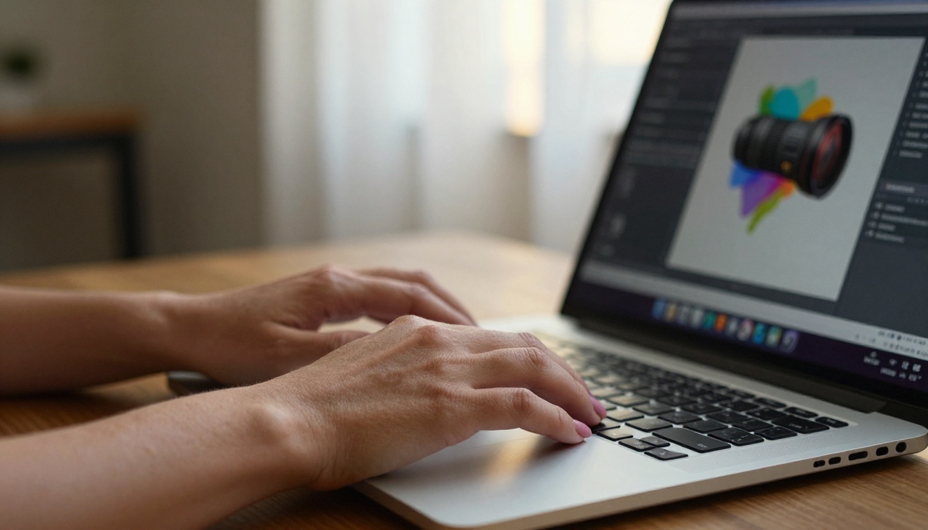 Woman's hands typing on laptop, AI image generation interface blurred on screen
