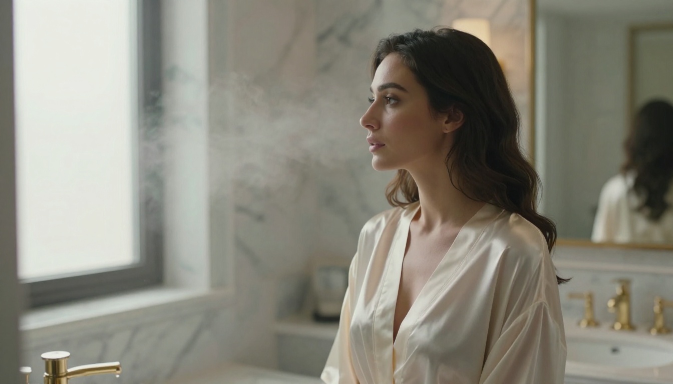 A sophisticated woman in a sheer silk robe standing before a marble bathroom mirror, soft morning light, photorealistic RAW 8K
