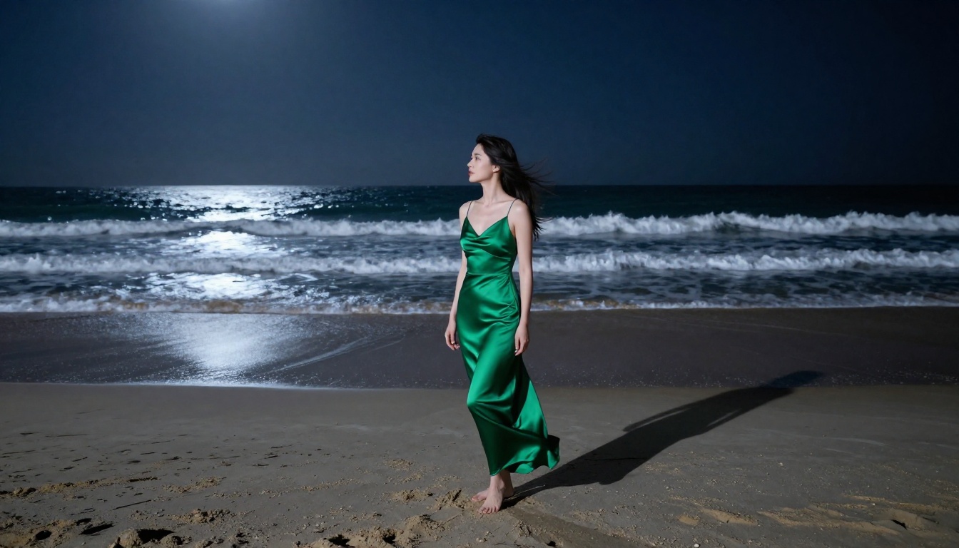 A woman in an elegant emerald gown standing on a moonlit beach, wide angle low perspective, photorealistic RAW 8K photography