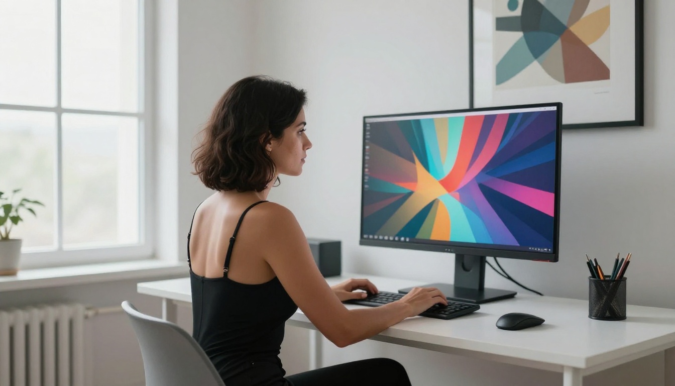 A dark-haired woman at a sleek white desk with colorful AI art on a large monitor, modern studio apartment, photorealistic RAW 8K A dark-haired woman at a sleek white desk with colorful AI art on a large monitor, modern studio apartment, photorealistic RAW 8K