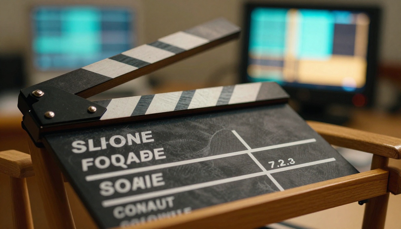 A vintage film clapperboard resting on a director's chair with glowing video frames in background