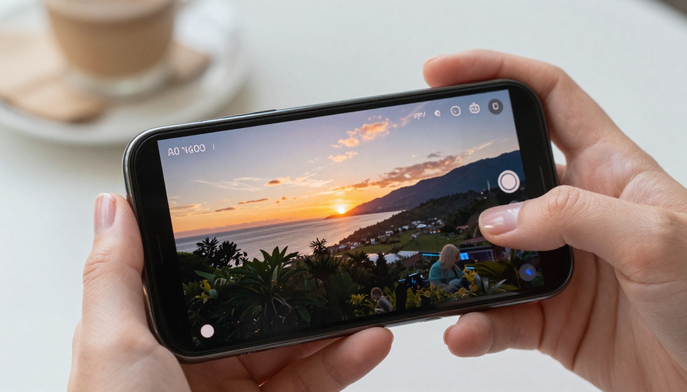 Smartphone displaying AI video interface with 1080p sunset footage