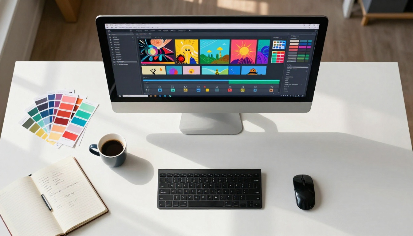 Aerial flat-lay of a creative studio workspace with video timeline on monitor