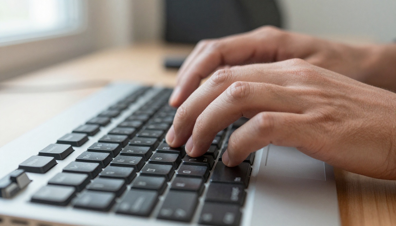 Close-up of hands typing on a mechanical keyboard mid-keystroke
