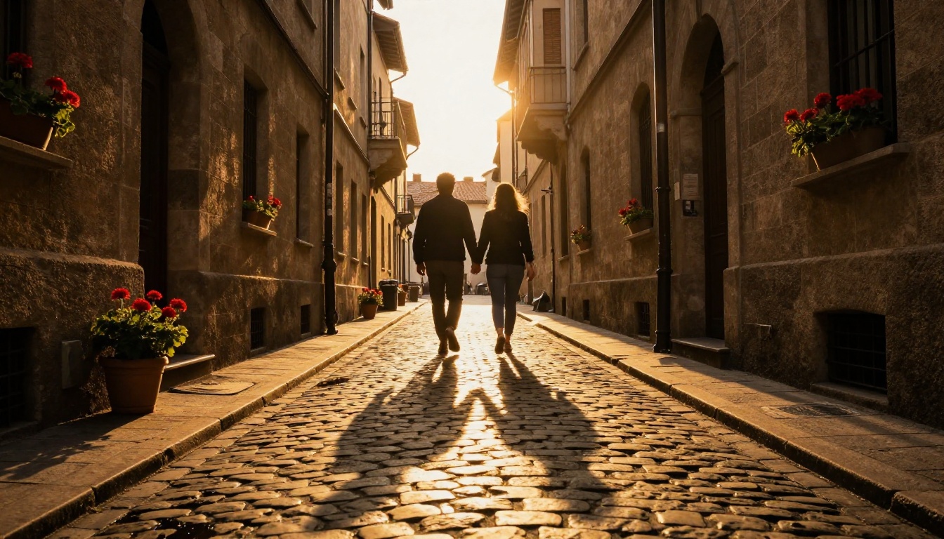 Low-angle shot of a European cobblestone alley at golden hour with a couple silhouetted in background