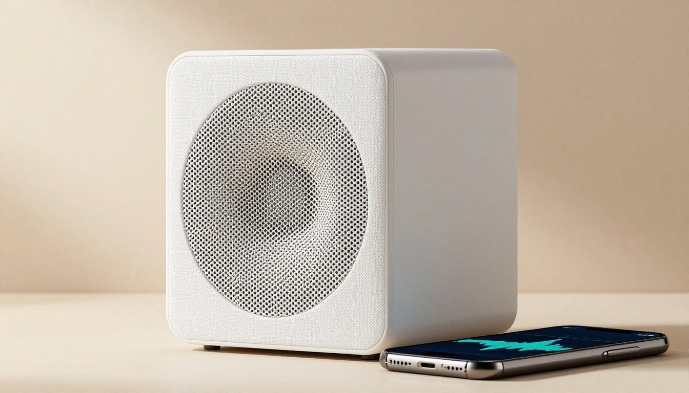 Studio monitor speaker beside a phone showing audio waveform visualization Studio monitor speaker beside a phone showing audio waveform visualization