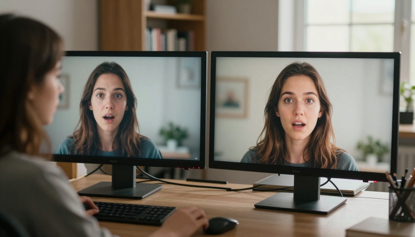 Young woman comparing two screens side by side showing different video quality levels Young woman comparing two screens side by side showing different video quality levels