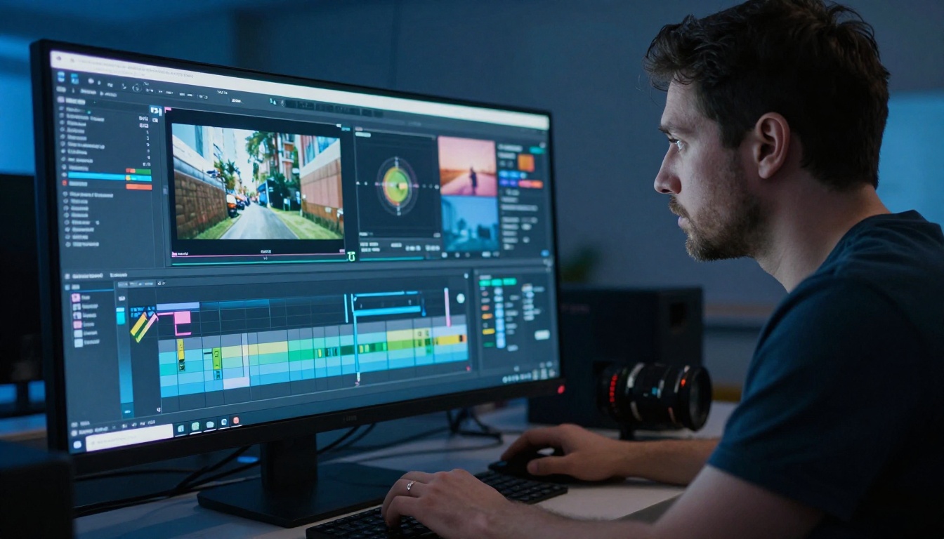Video editor reviewing footage on a professional timeline with color grading panels visible Video editor reviewing footage on a professional timeline with color grading panels visible
