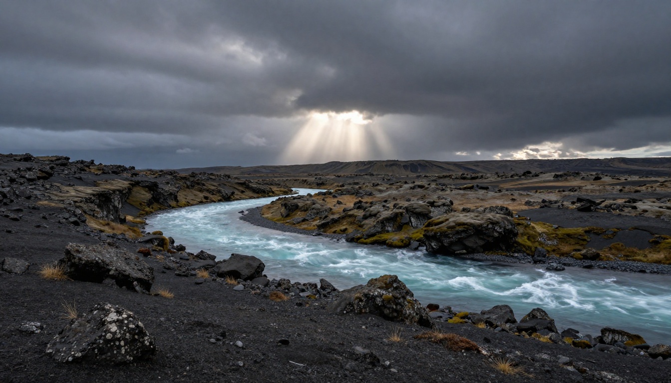 Dramatic Icelandic highland landscape with turquoise river and volcanic terrain Dramatic Icelandic highland landscape with turquoise river and volcanic terrain