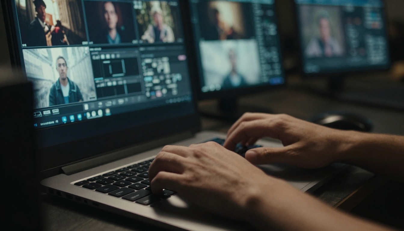Filmmaker at workstation generating cinematic video with AI tools