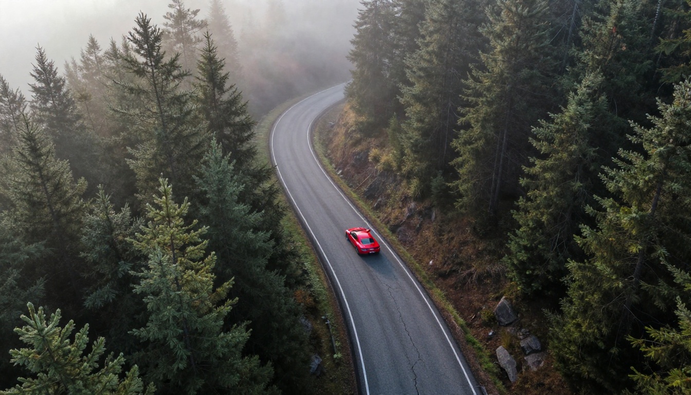 Aerial view of mountain road showing spatial coherence in AI video generation