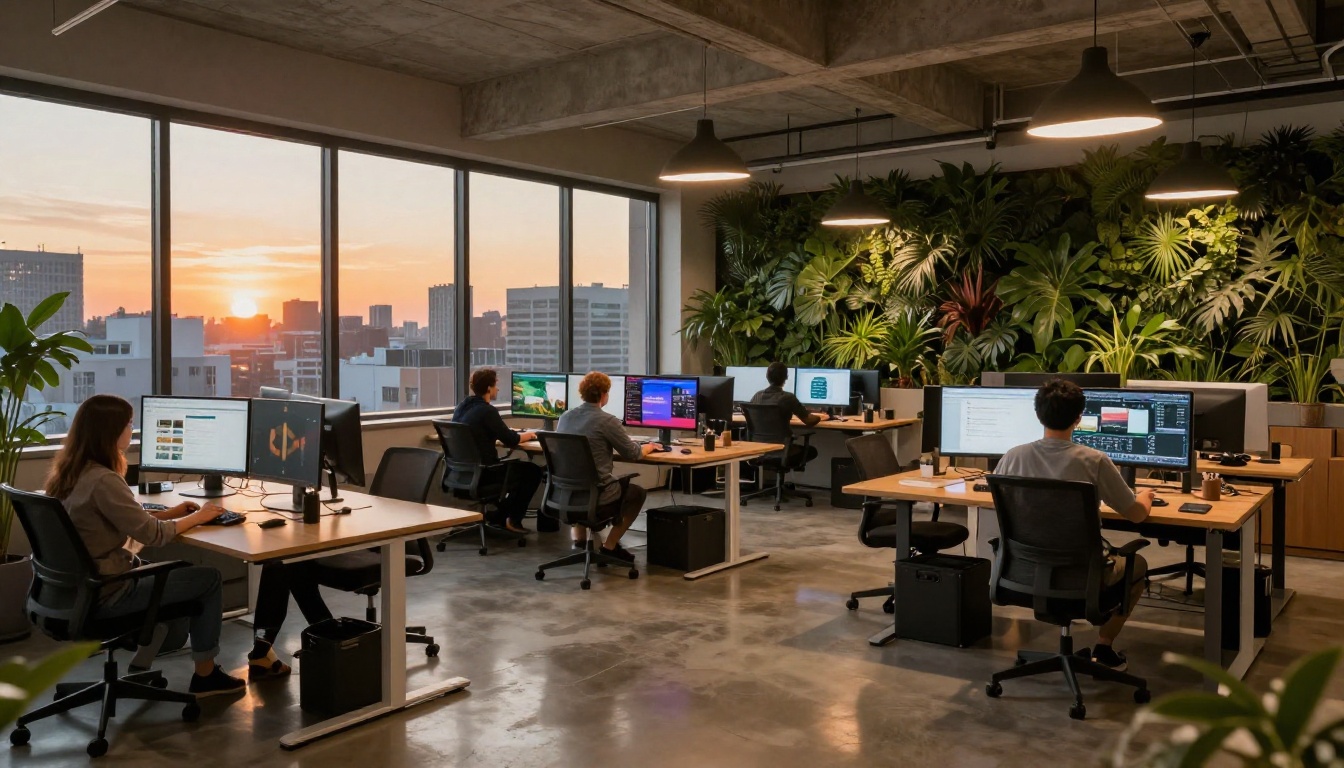 Creative team reviewing AI-generated video outputs in a professional studio environment