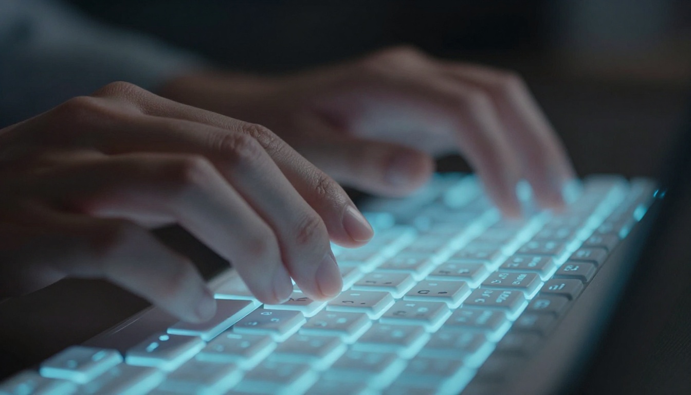 Close-up of hands typing a creative prompt on a mechanical keyboard