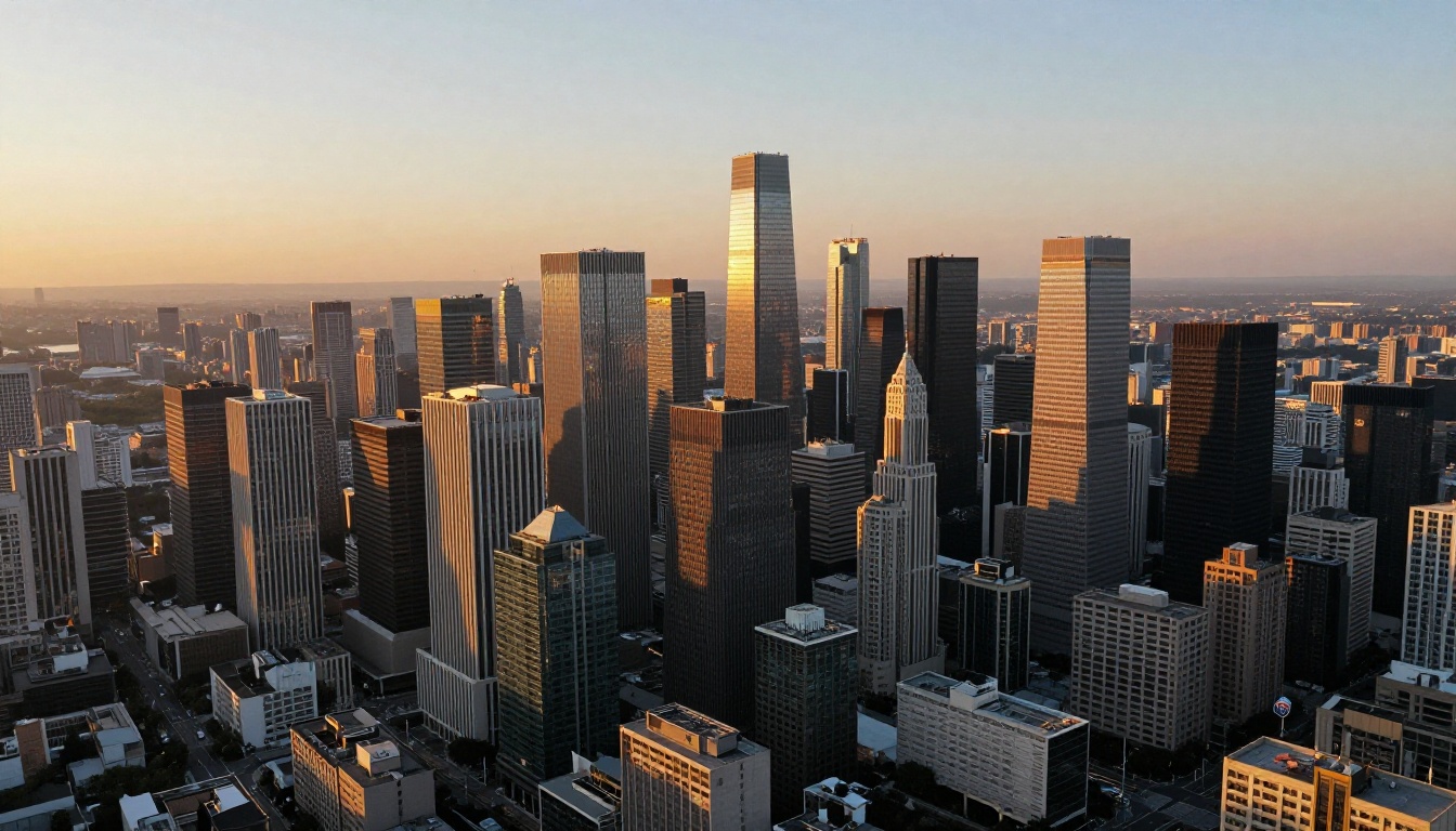 Aerial city skyline at golden hour with cinematic light