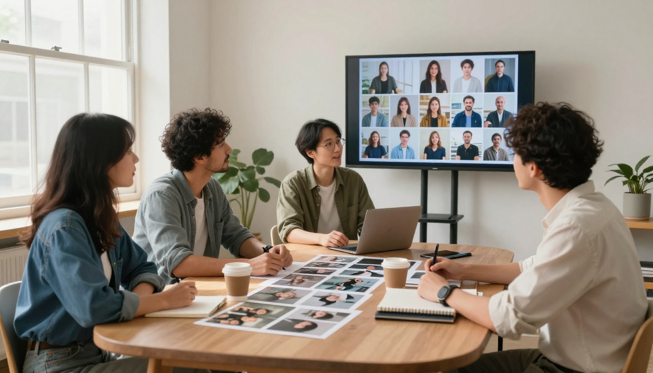 Team of creative professionals collaborating on AI video production workflow