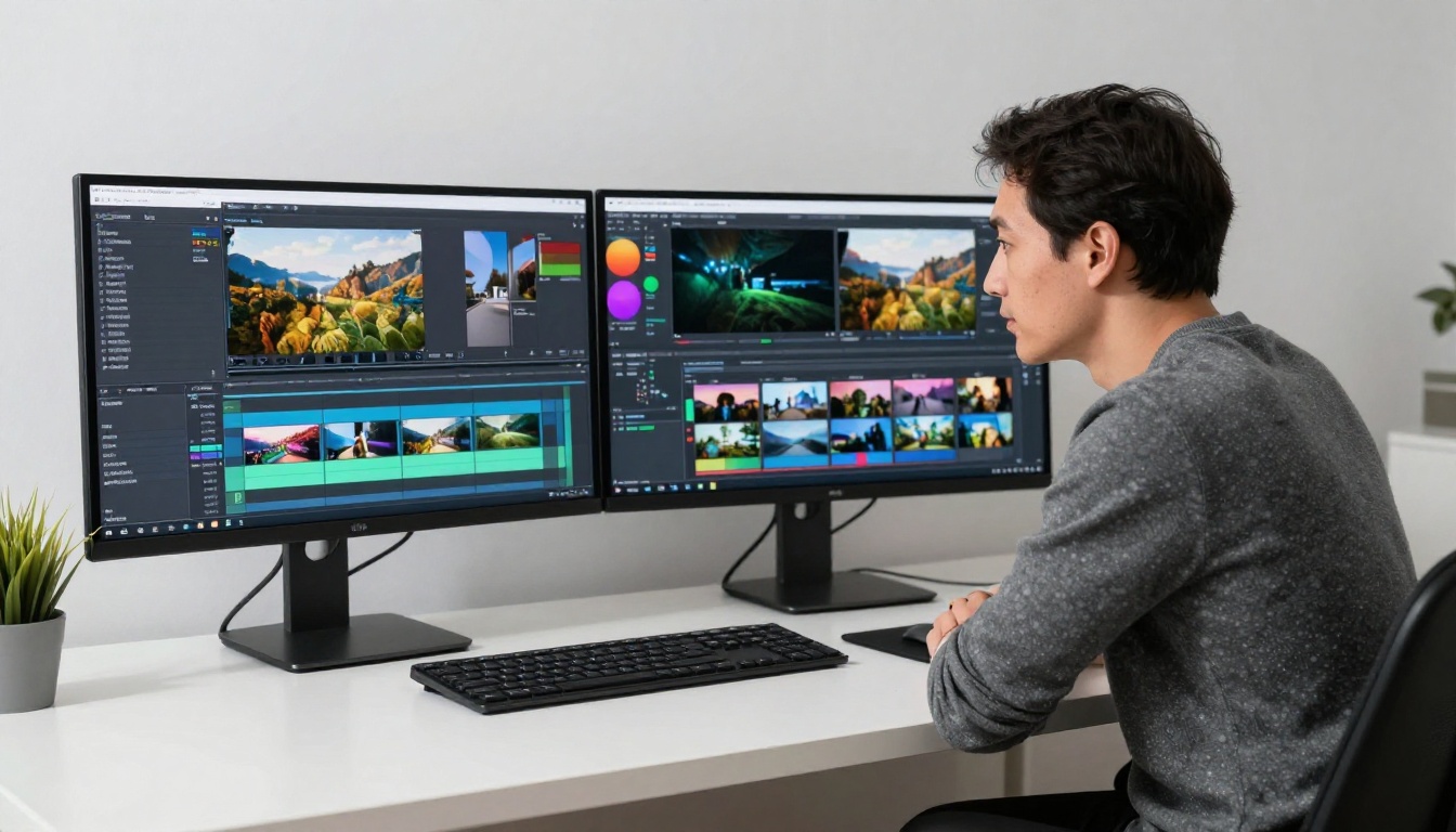 Professional comparing video timelines on dual monitors