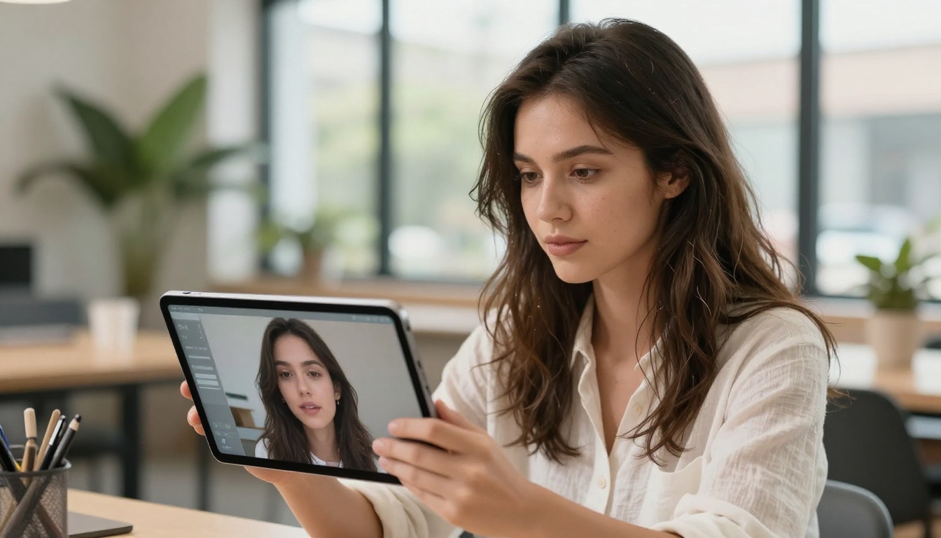 Creative professional using a tablet to access AI video generation tools