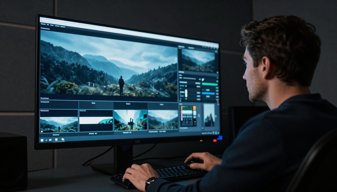 Video director reviewing footage in a professional color grading suite