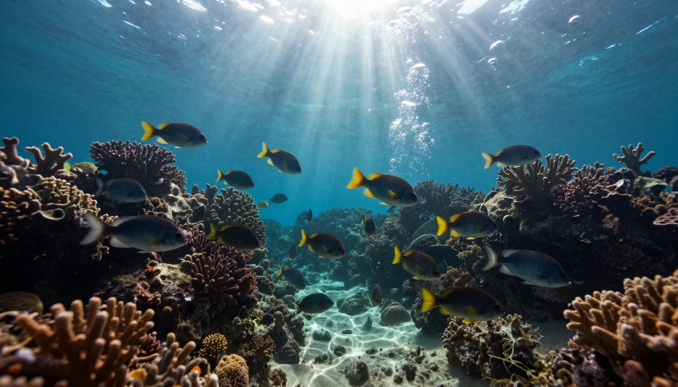 School of tropical fish moving through a coral reef in filtered sunlight