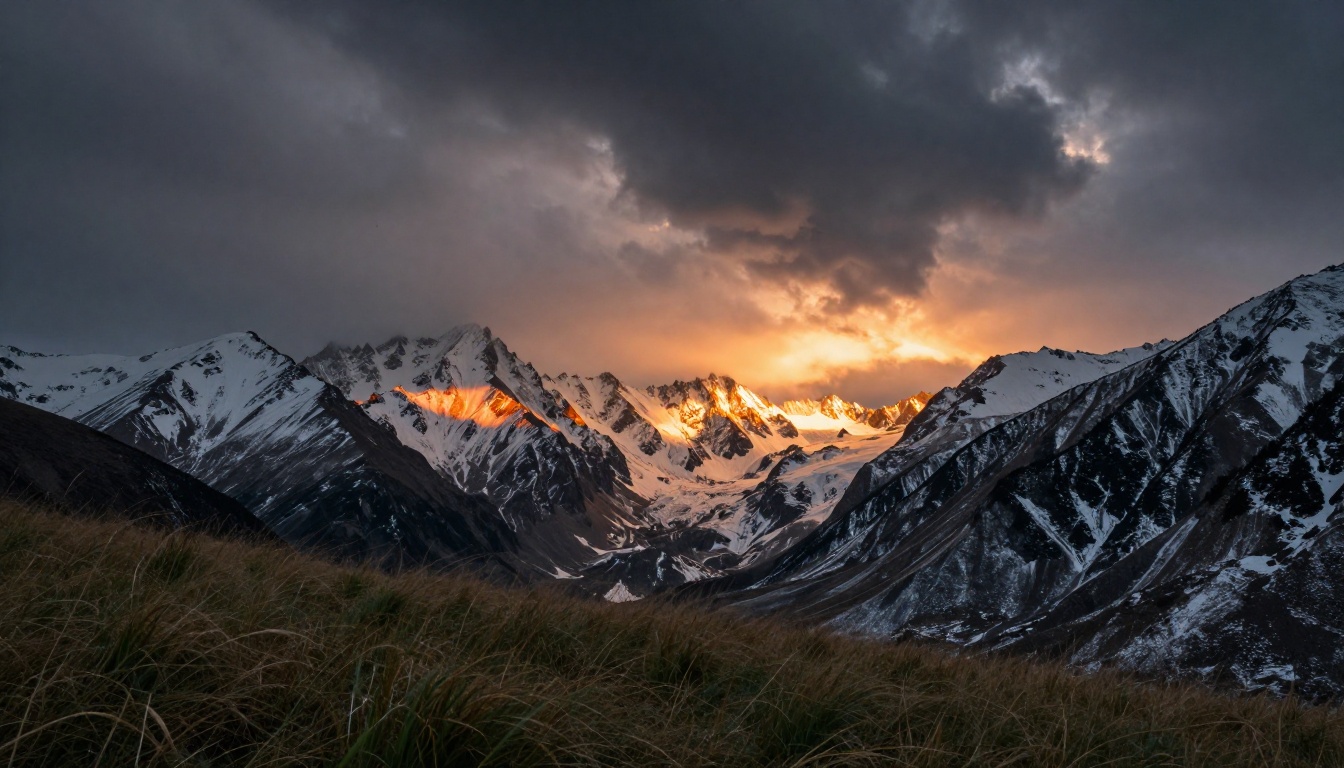 Dramatic mountain range with storm clouds at dusk and vivid orange sunset light