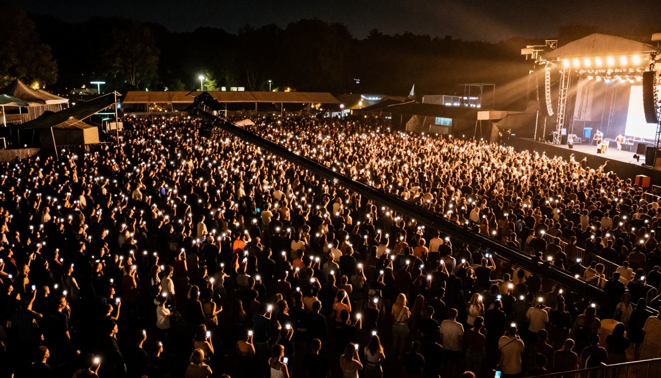Aerial overhead view of a packed outdoor concert crowd at night