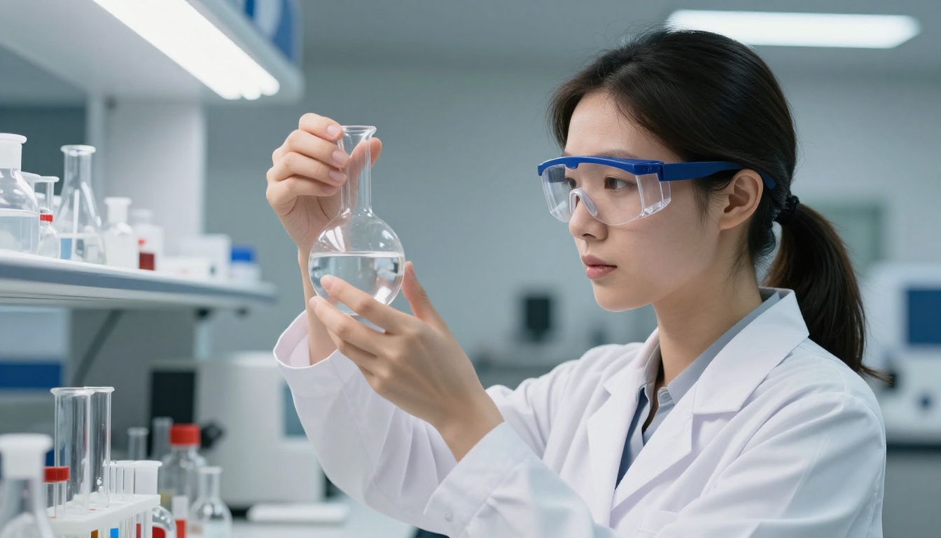 Female scientist examining a glass flask in a high-tech research laboratory