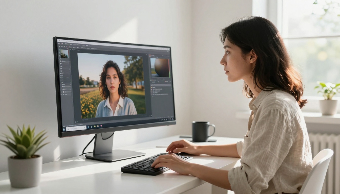 Creative professional reviewing high-resolution AI images on a large curved monitor