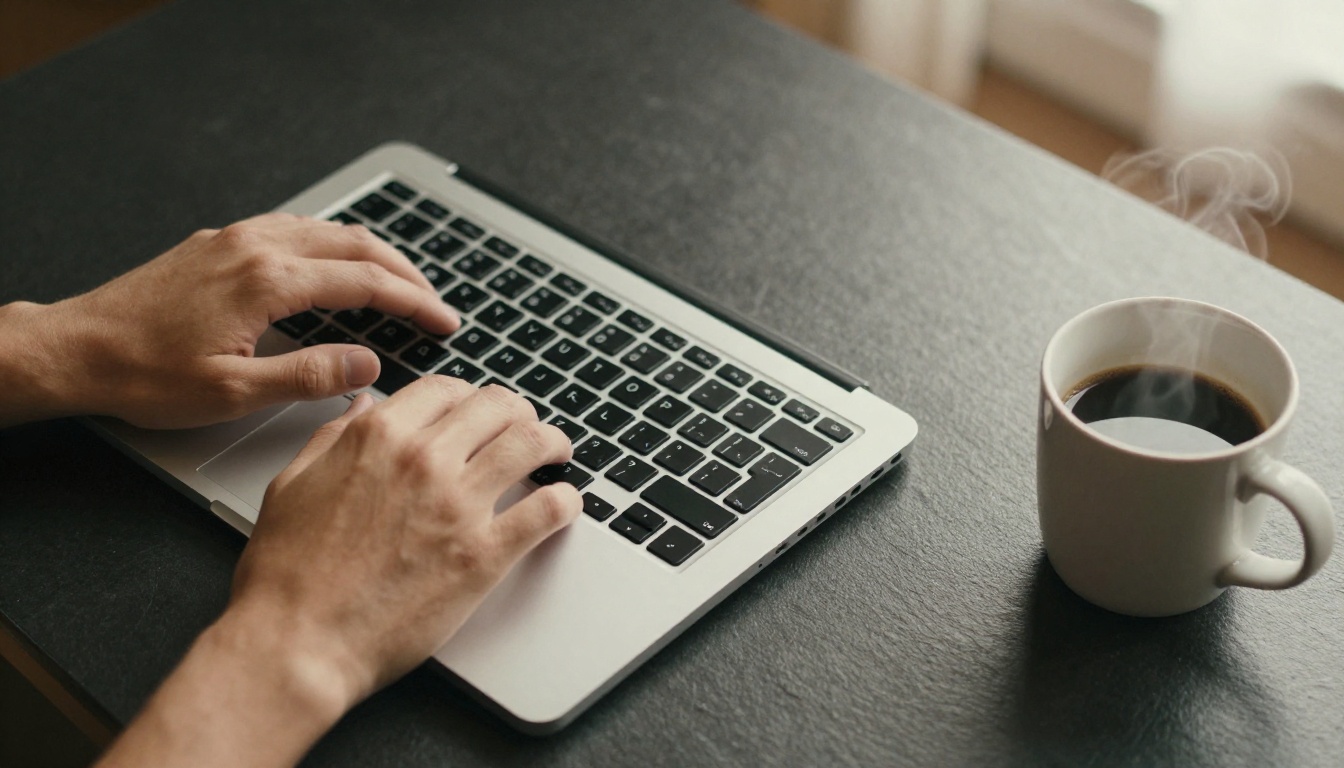 Close-up overhead view of hands typing a detailed AI image prompt on a laptop keyboard
