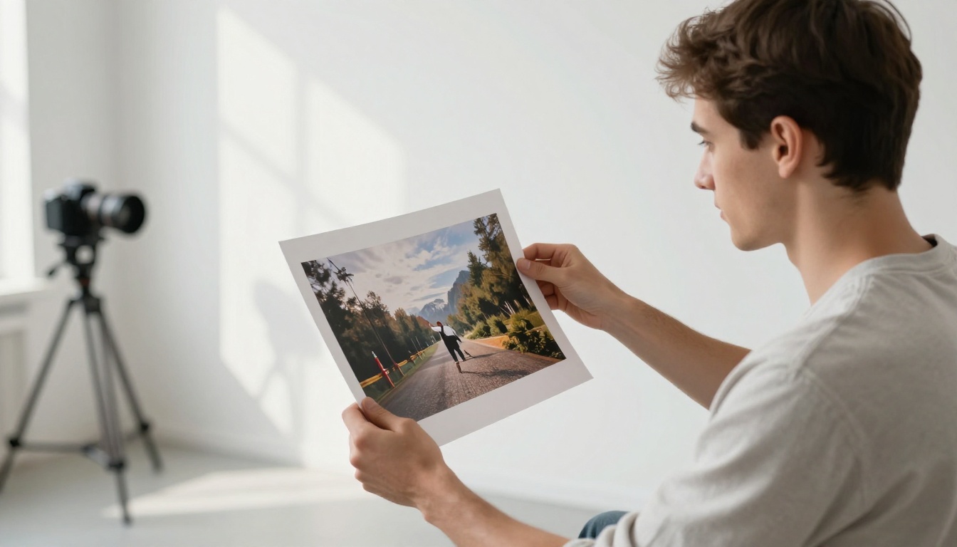 Young photographer examining a large professionally printed photograph against a white studio wall