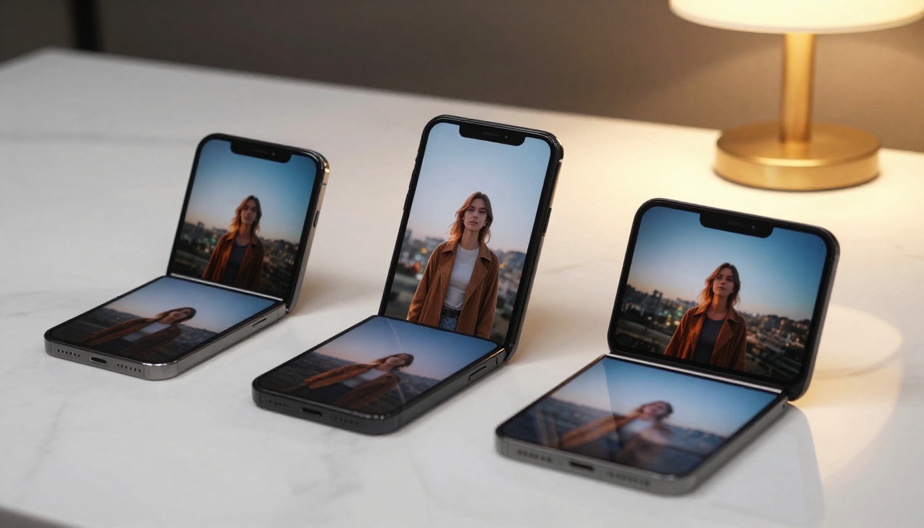 Three smartphones on a polished marble surface displaying AI images in square, portrait, and landscape aspect ratios