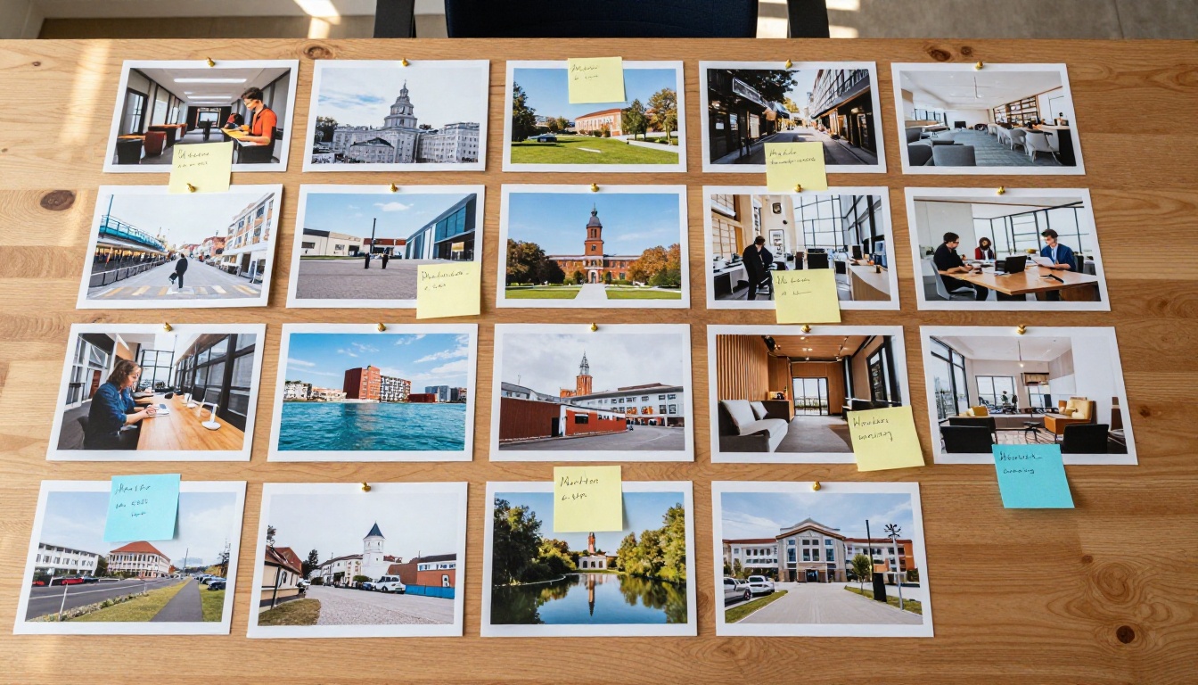 Aerial flat lay of a creative agency mood board with printed photographs and annotation notes on a wooden conference table