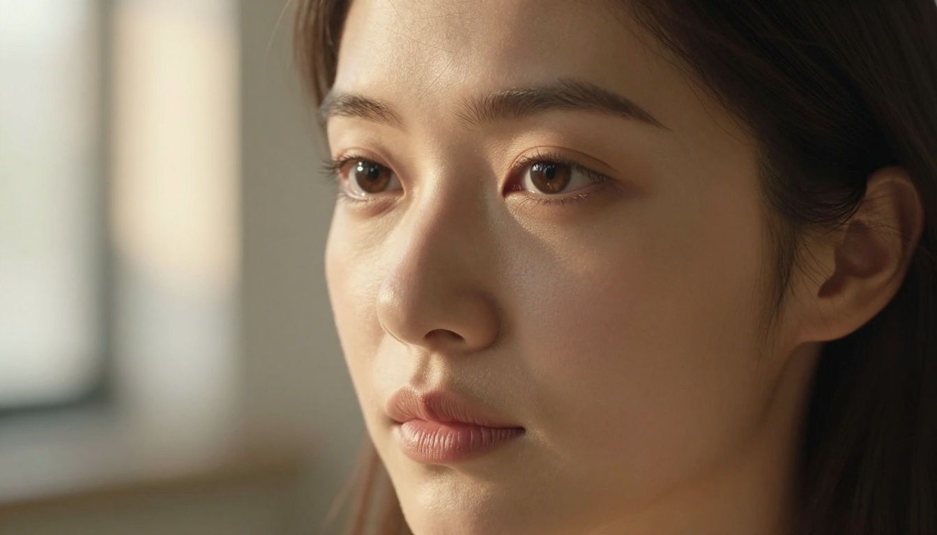 Intimate close-up portrait with sharp eye detail, natural skin texture, and warm afternoon light from the left