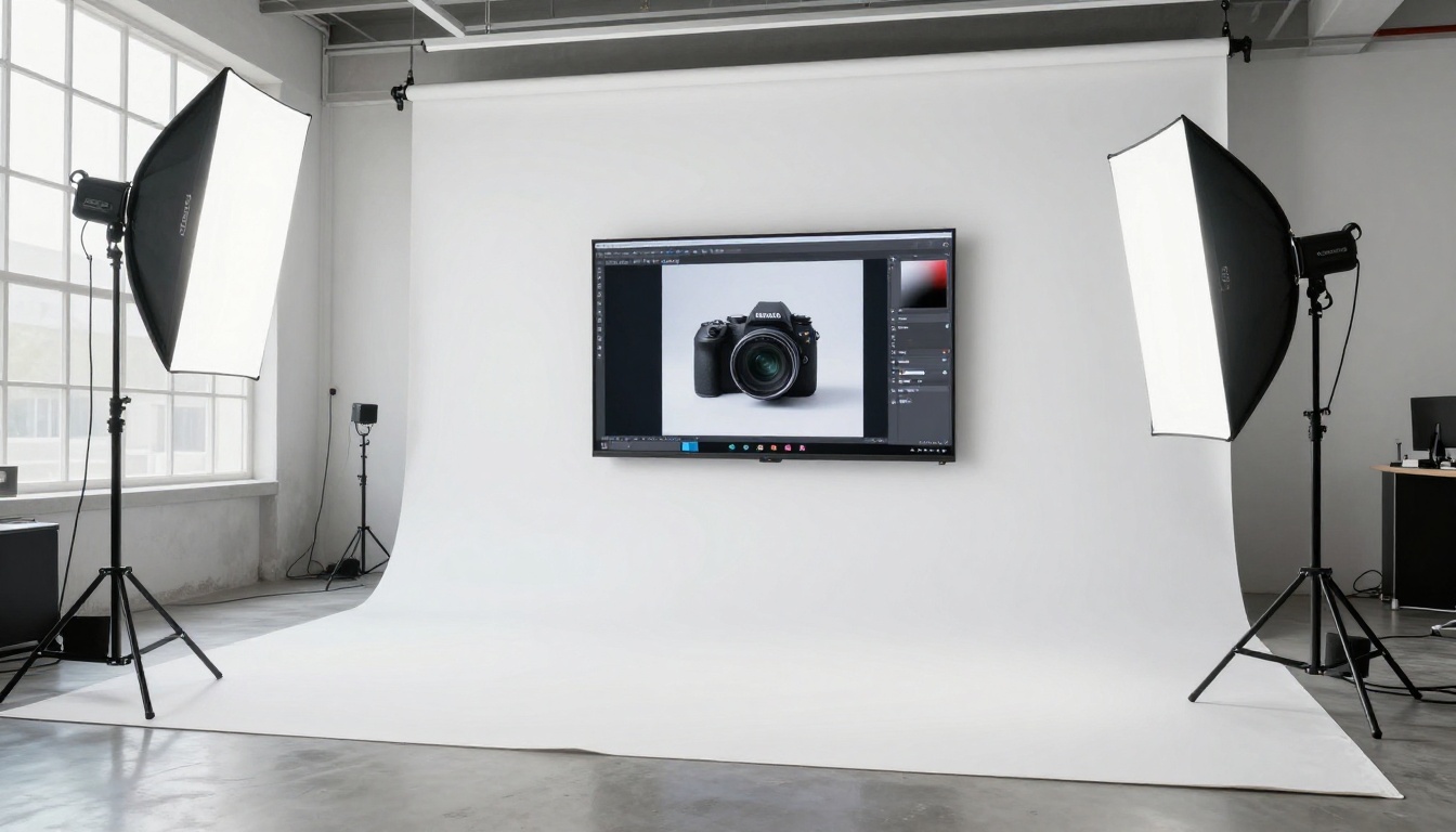 Wide shot of a professional product photography studio with white seamless backdrop and AI-generated image displayed on a monitor in the background