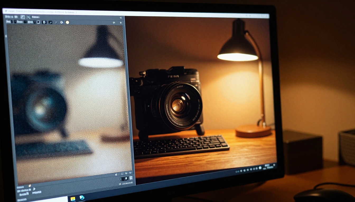 Side-by-side monitor comparison between a blurry low-resolution image and a sharp 4MP AI-upscaled version
