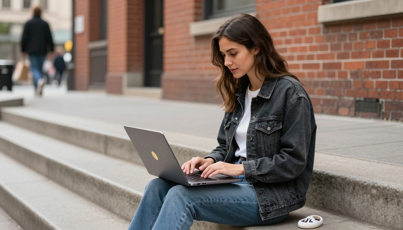 Female content creator sitting on urban steps reviewing AI-generated images on a laptop with a brick wall background