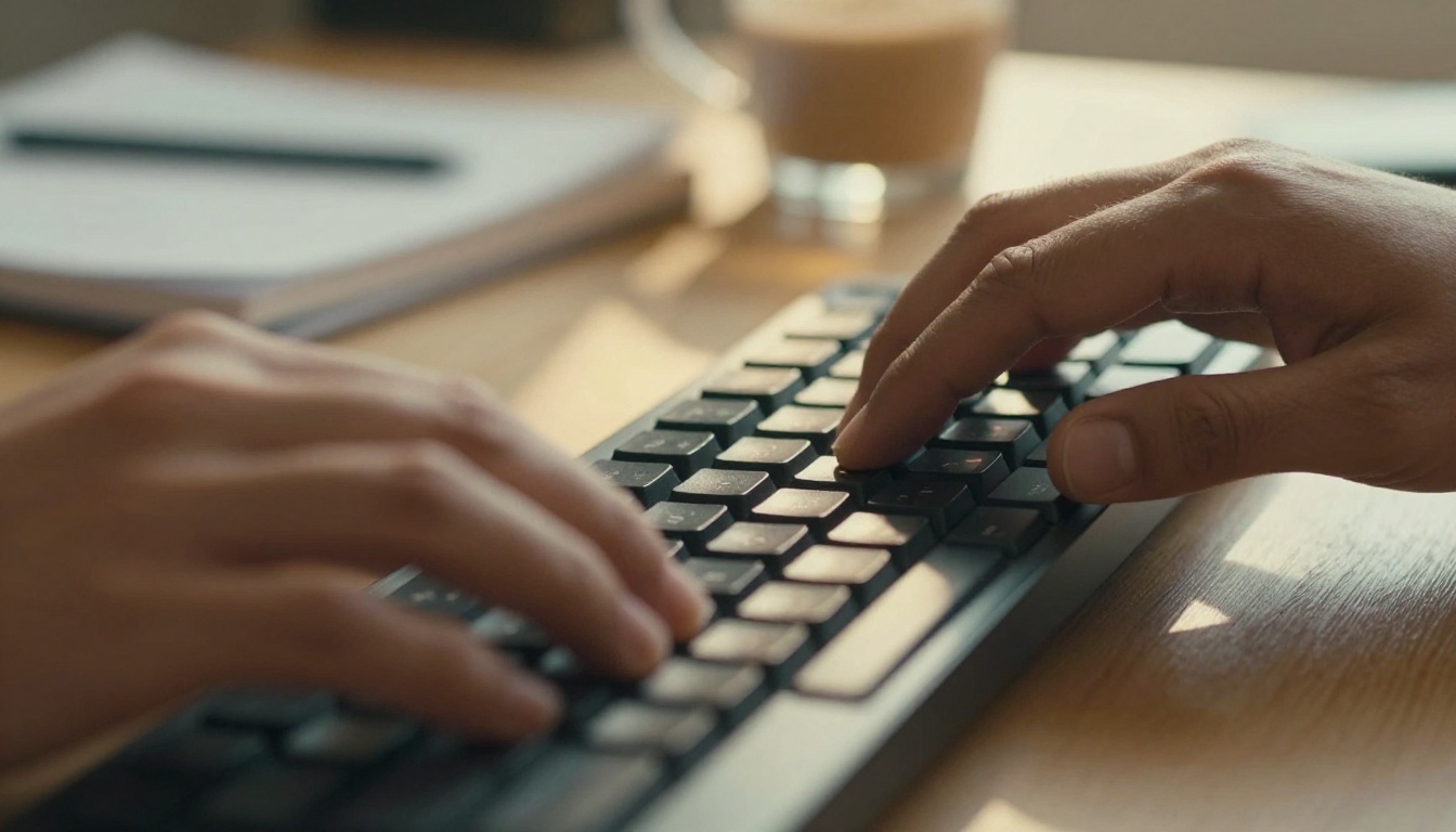 Close-up of hands on a mechanical keyboard with warm morning sunlight casting golden rays across the desk surface