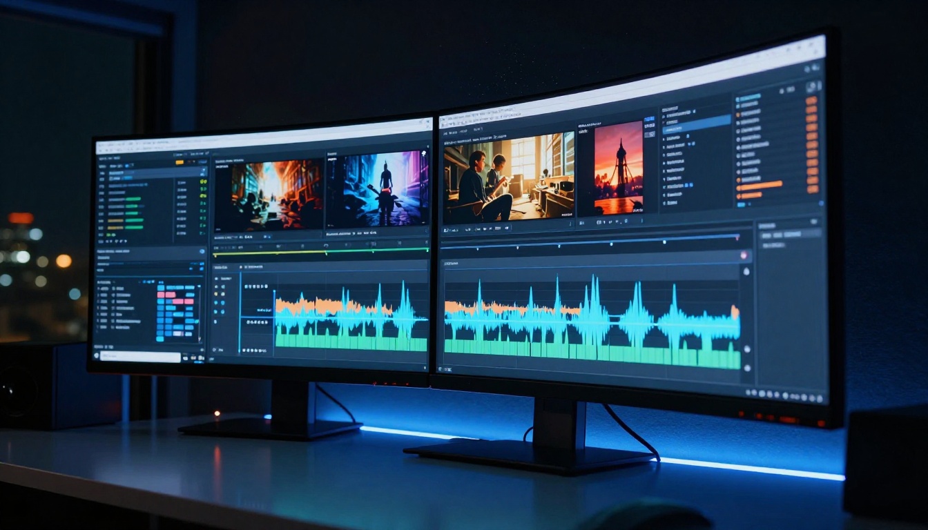 A cinematic video editing timeline displayed on a large curved 4K monitor in a dark professional studio with blue screen glow