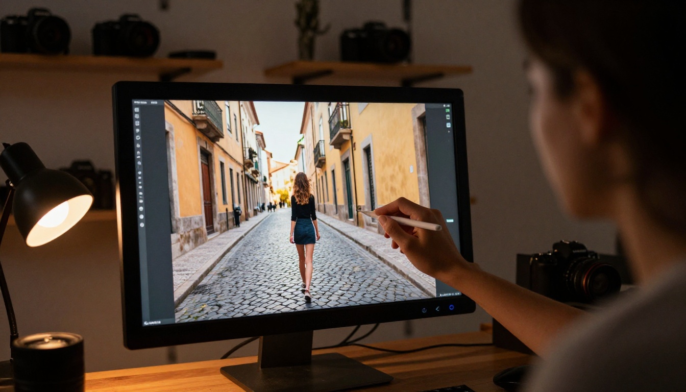 A photographer reviewing her travel portfolio on a large monitor, using a stylus to highlight motion details