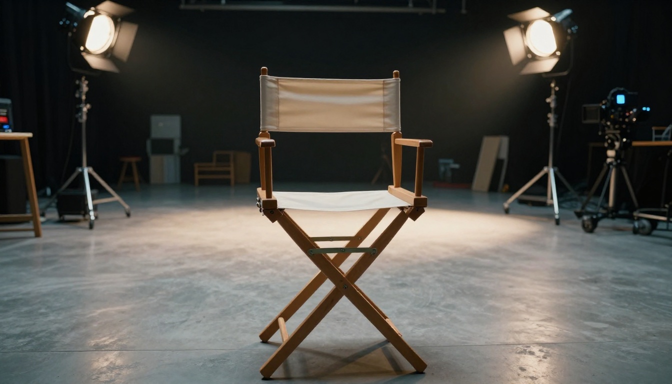 Low-angle wide shot of a professional director's chair on a cinematic soundstage with dramatic overhead studio lighting and warm white light pools on concrete