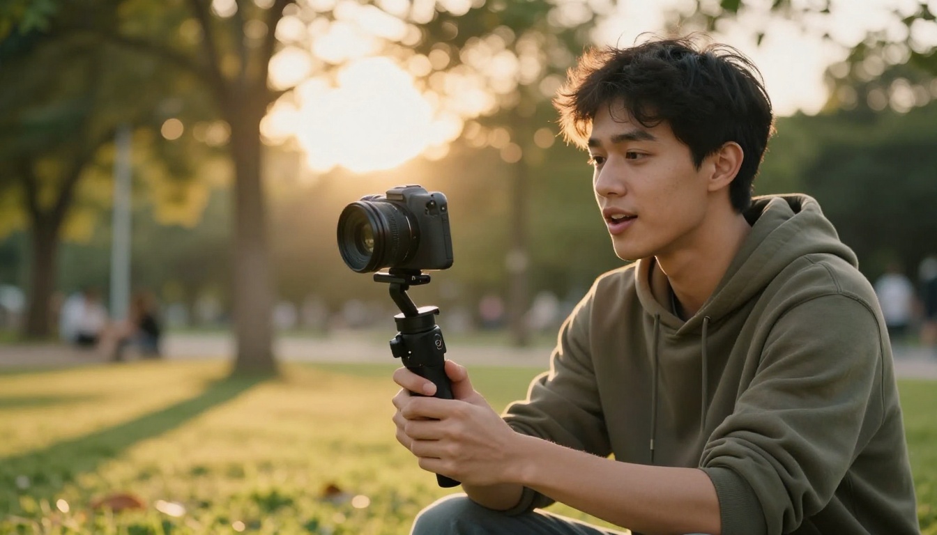 Content creator filming outdoor video at golden hour with a gimbal stabilizer