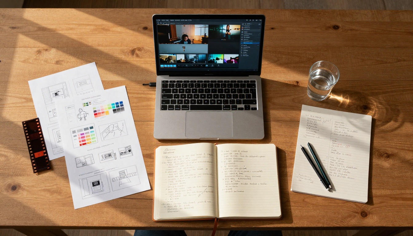 Aerial bird's-eye view of a filmmaker's wooden desk workspace with storyboard sketches, film strips, and handwritten scene notes