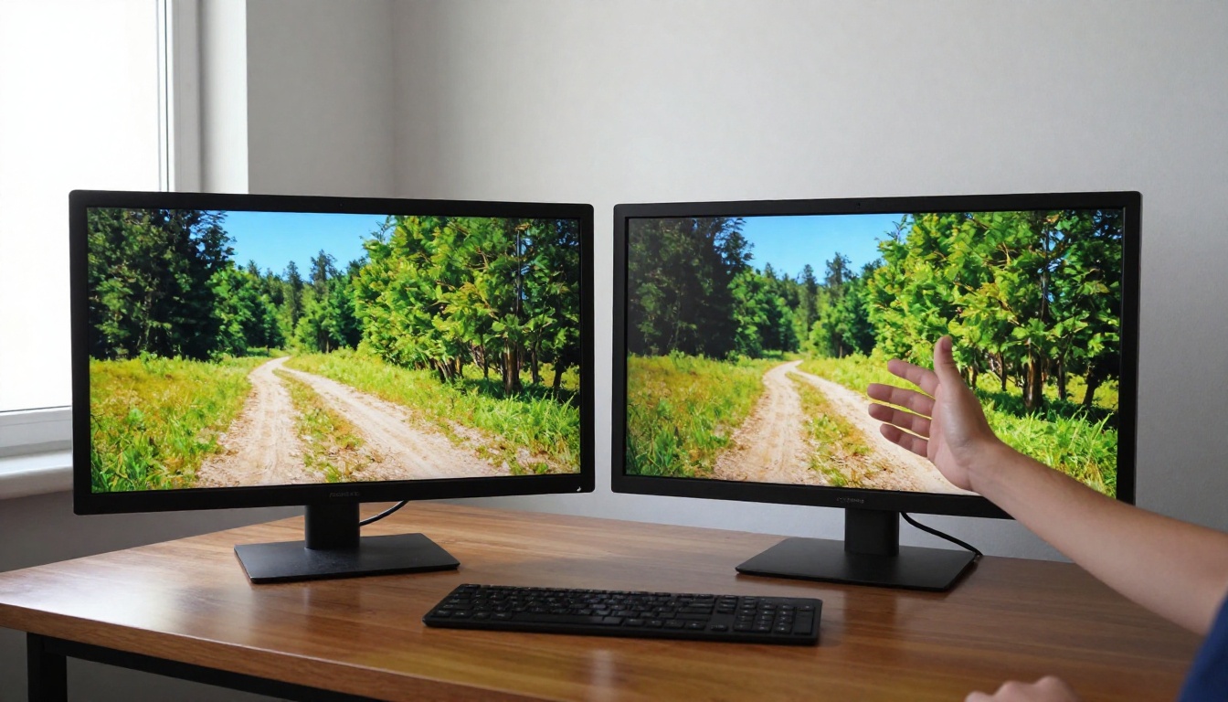 Side-by-side monitor comparison showing 1080p vs. softer video output quality