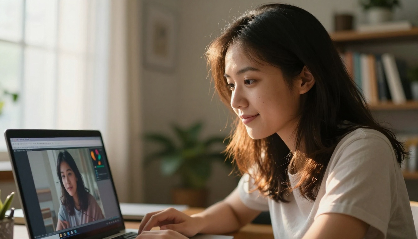Close-up portrait of a creative professional reviewing AI-generated video footage on a laptop with beautiful two-tone lighting