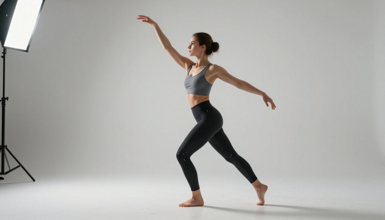 Motion reference artist in a white studio with precise directional softbox lighting