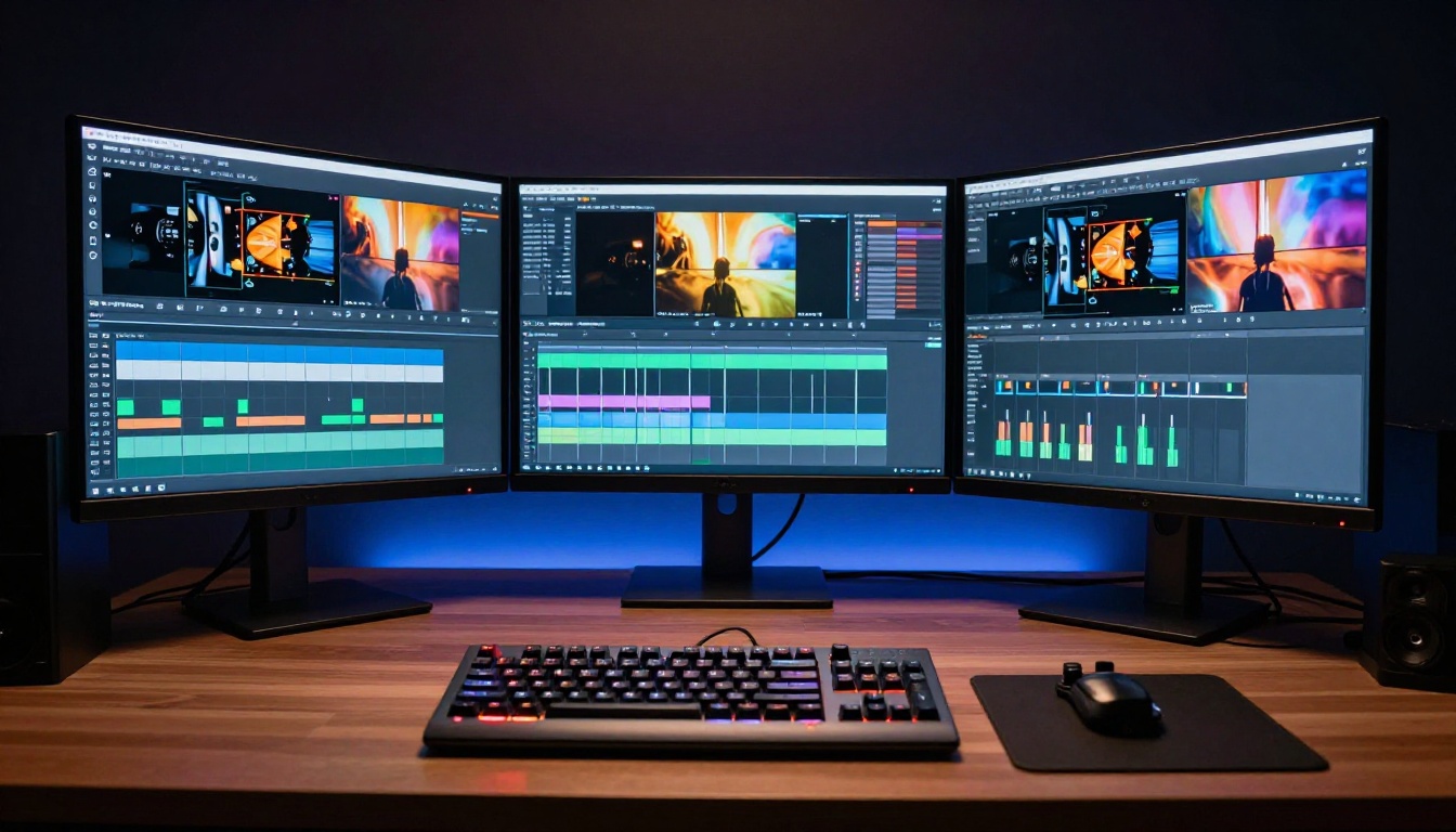 Wide shot of a professional multi-screen video editing workstation with blue and orange accent lighting and a color grading controller