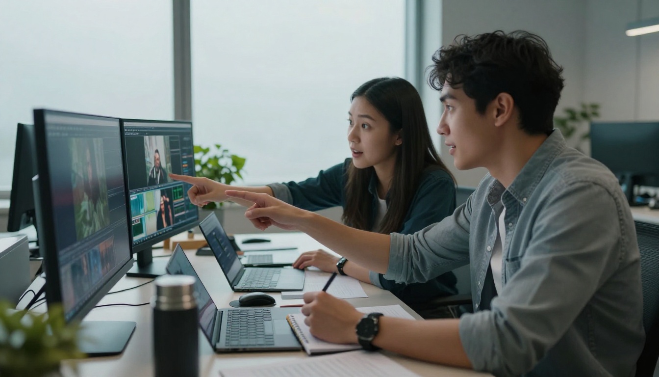 Two creative professionals collaborating at a shared desk, reviewing video footage together on a large monitor Two creative professionals collaborating at a shared desk, reviewing video footage together on a large monitor